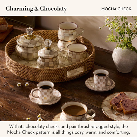 MacKenzie-Childs hand-painted brown-check adds timeless charm.