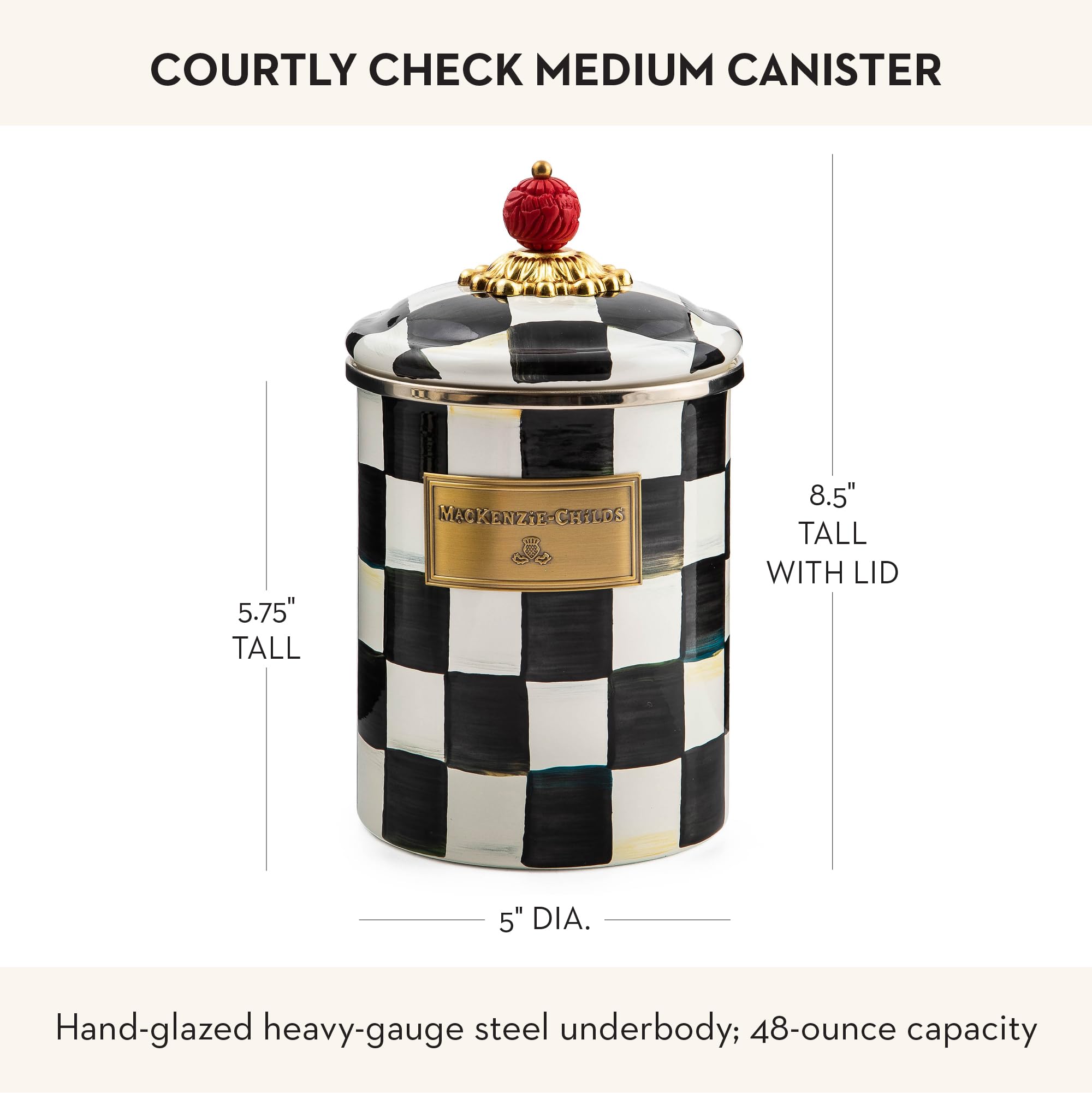 Mackenzie-Childs hand-painted Courtly Check pattern enhances any shelves.