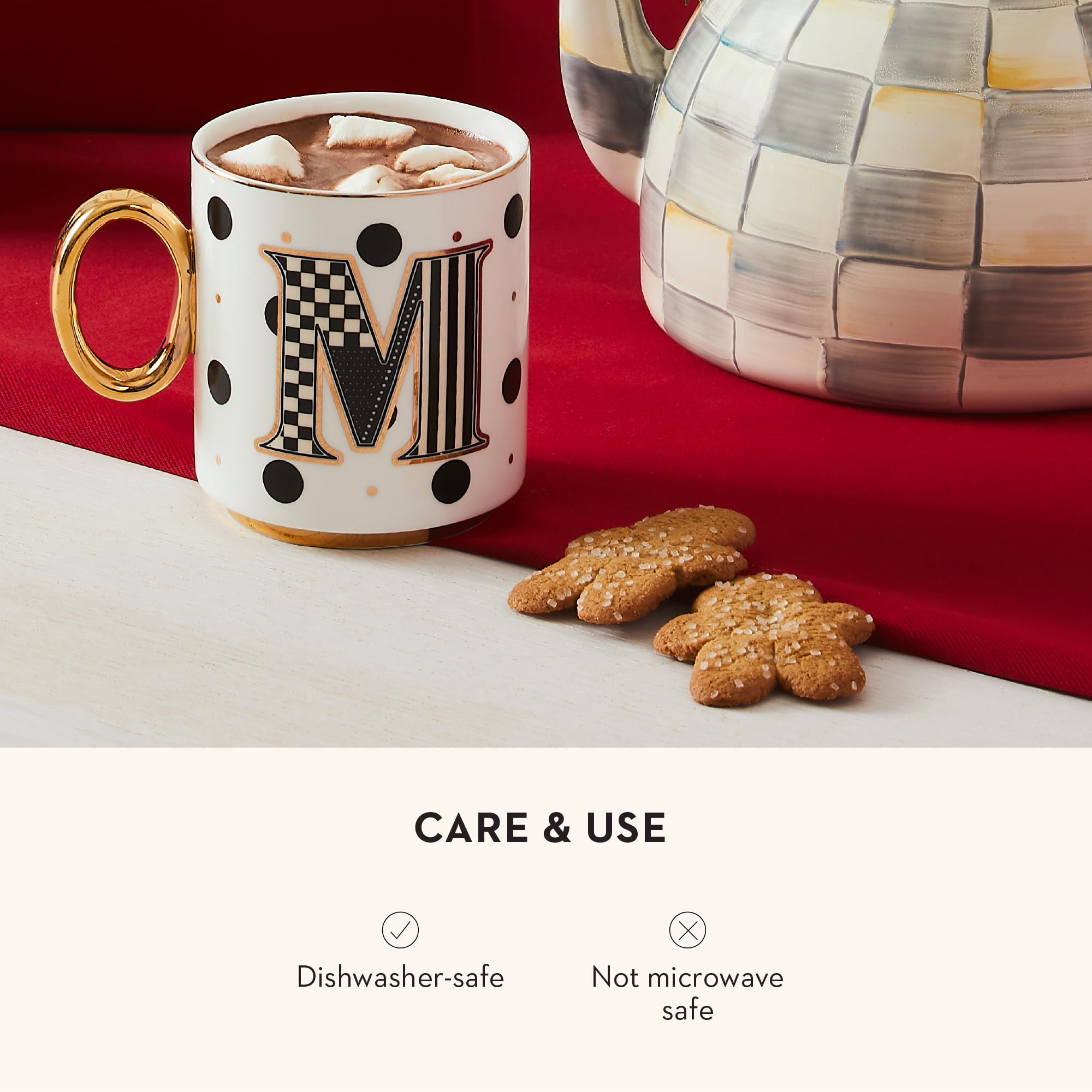 MacKenzie-Childs decorative mug suits kitchen and bar displays.