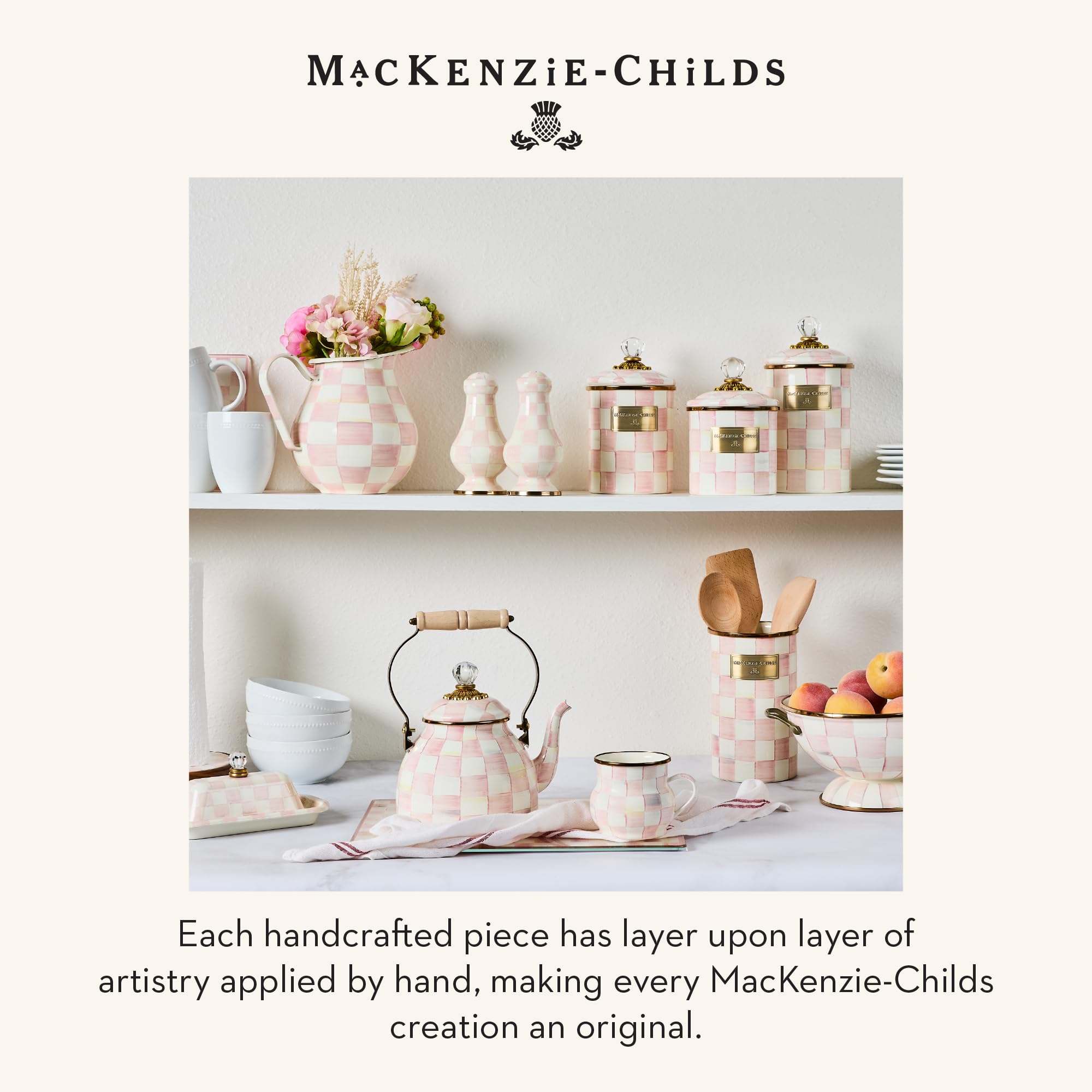 Kitchen setup with Rosy Check MacKenzie-Childs for easy utensil access