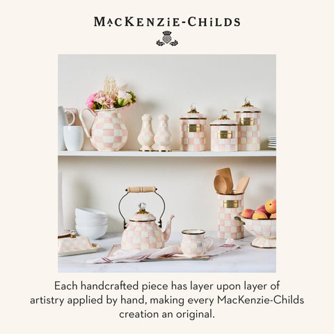 Kitchen setup with Rosy Check MacKenzie-Childs for easy utensil access