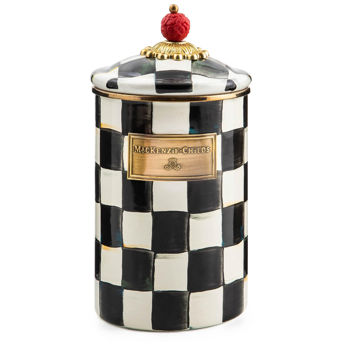 MacKenzie-Childs large enamel canister front view in Courtly Check for stylish pantry storage