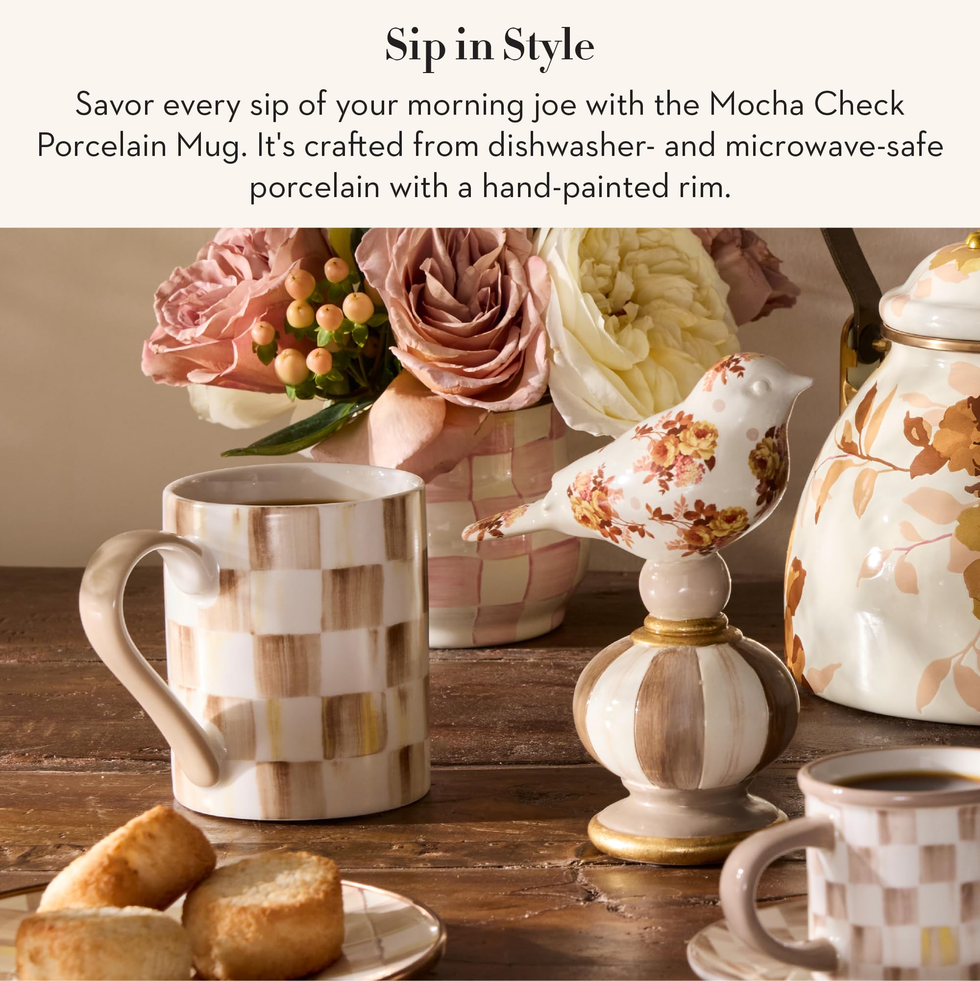 MacKenzie-Childs porcelain coffee mug with hand-painted pattern.
