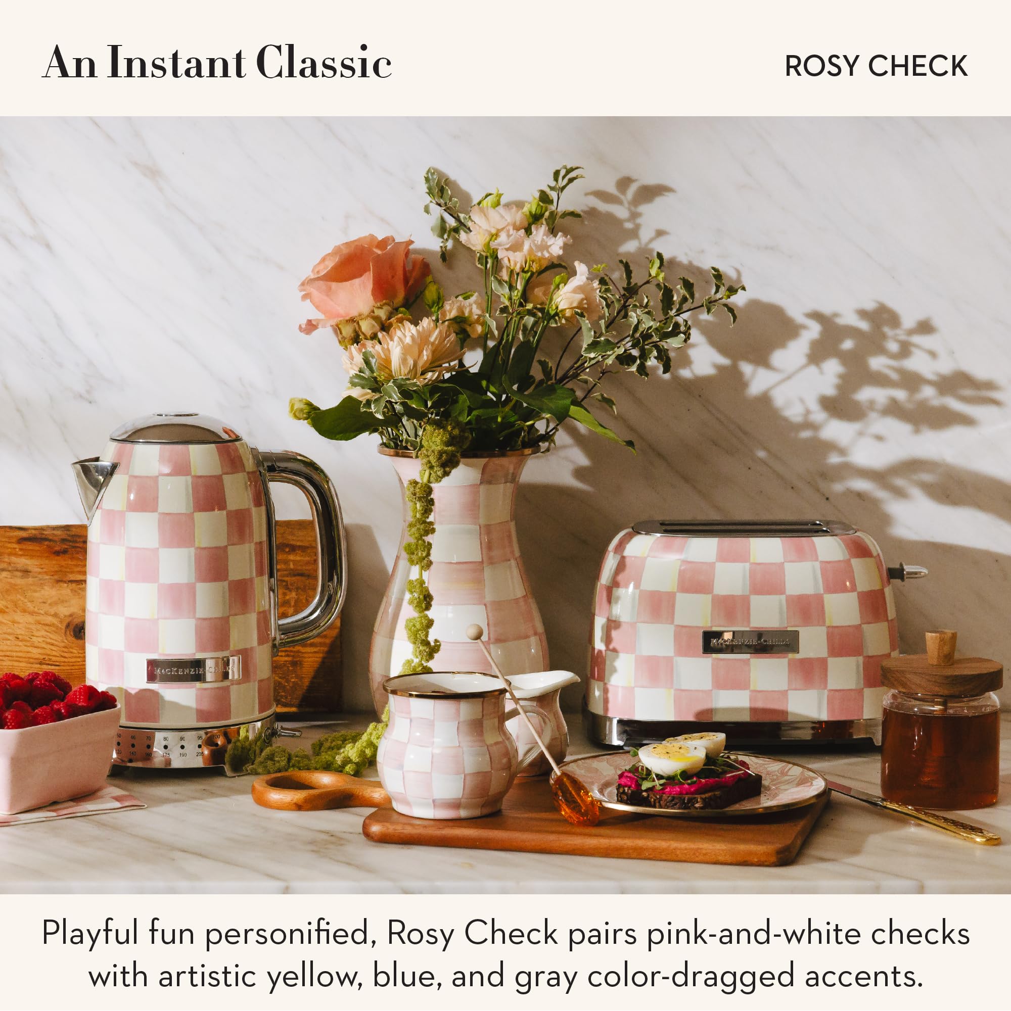 MACKENZIE-CHILDS Rosy Check 2-Slice Toaster control knob backlit for easy browning selection.