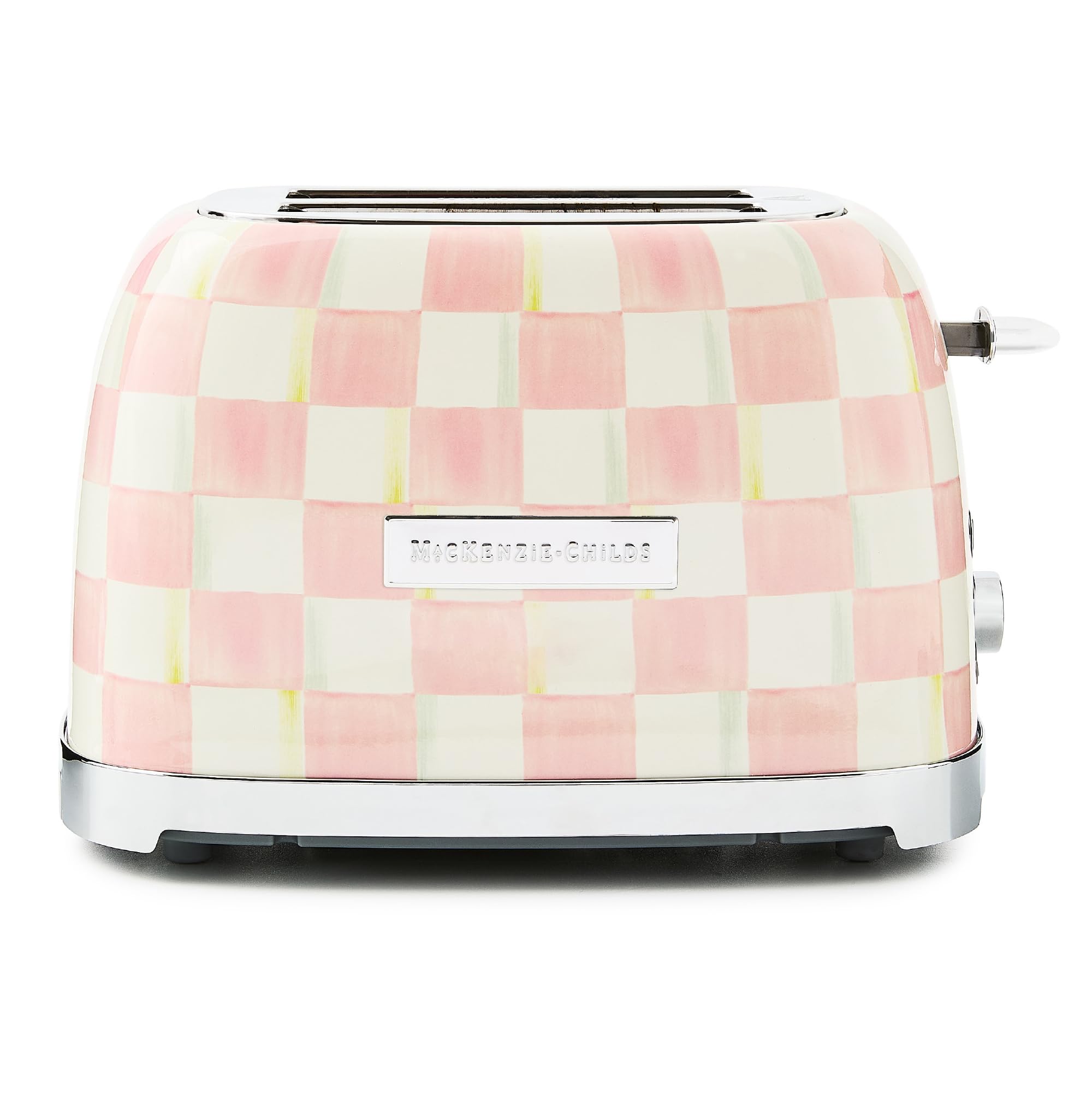 MACKENZIE-CHILDS Rosy Check 2-Slice Toaster front view highlights playful pattern for stylish kitchens.