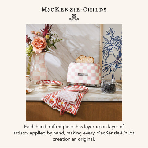 MACKENZIE-CHILDS Rosy Check 2-Slice Toaster in a stylish kitchen setting.