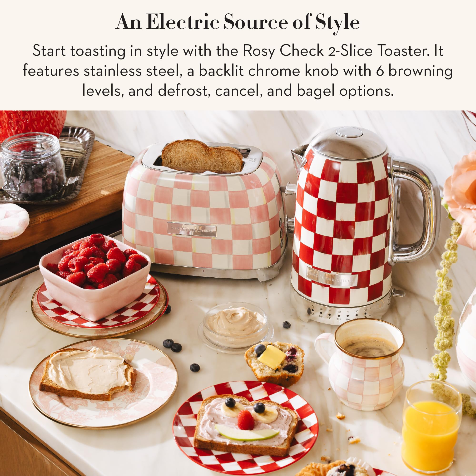 MACKENZIE-CHILDS Rosy Check 2-Slice Toaster pattern detail shows brushstroke-inspired design.
