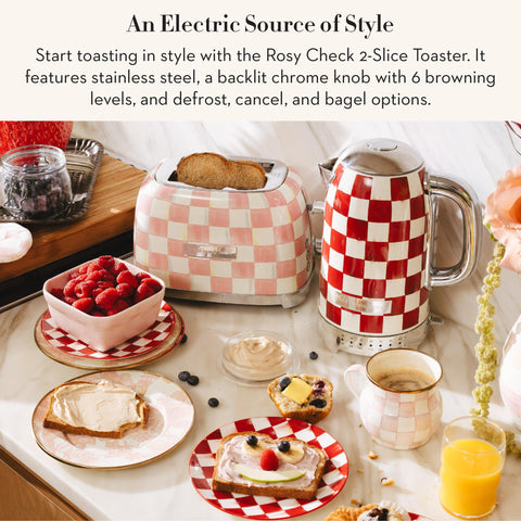 MACKENZIE-CHILDS Rosy Check 2-Slice Toaster pattern detail shows brushstroke-inspired design.
