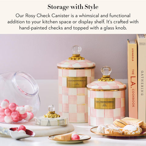 MACKENZIE-CHILDS Rosy Check enamel canister lid with glass knob adds elegant detail.