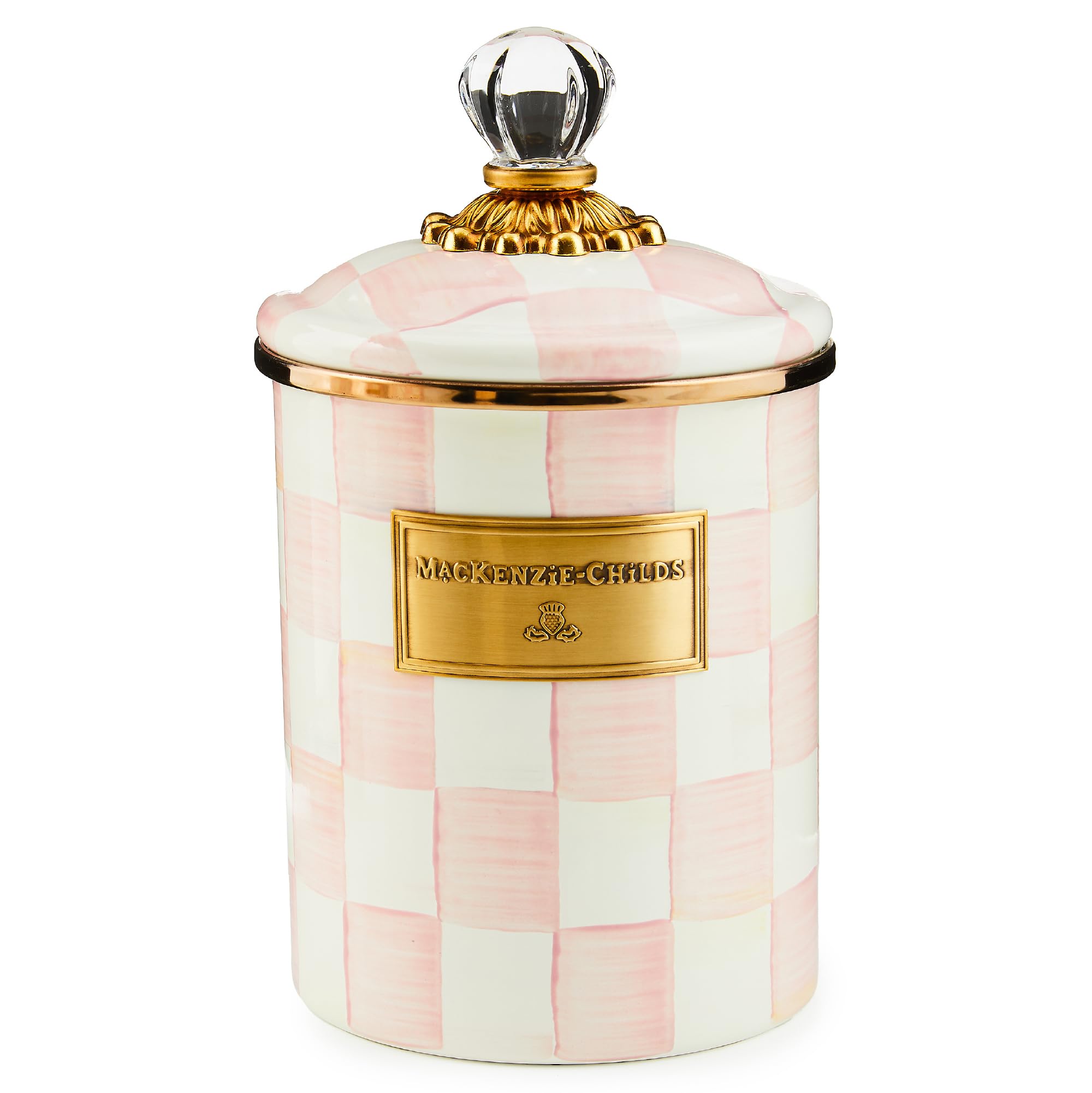 MACKENZIE-CHILDS Rosy Check enamel canister stores cookies and coffee beans with style.