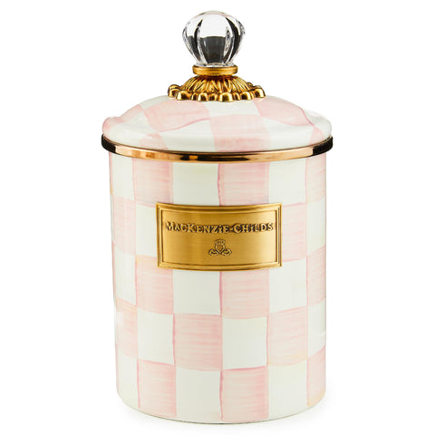 MACKENZIE-CHILDS Rosy Check enamel canister stores cookies and coffee beans with style.