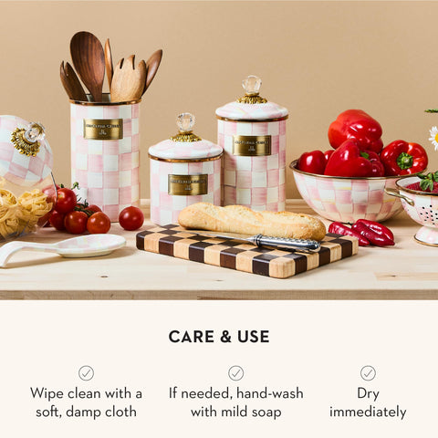 Gift-ready Rosy Check canister from MACKENZIE-CHILDS for weddings or housewarmings.