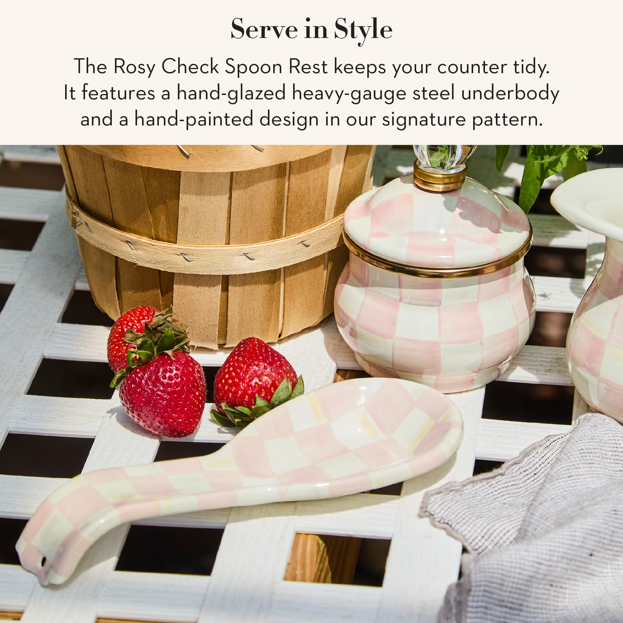 Closeup of Rosy Check enamel finish and pattern on the spoon rest