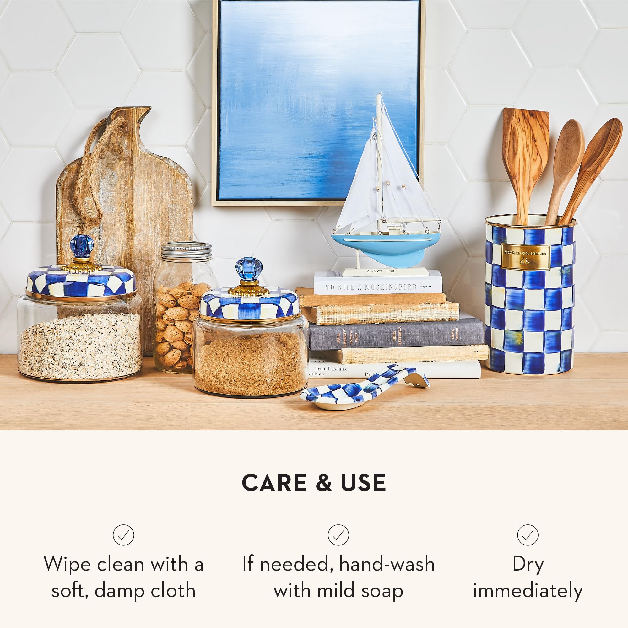 Royal Check spoon rest accentuates kitchen decor while organizing utensils.