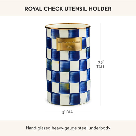 MacKenzie-Childs enamel utensil holder complements blue-and-white kitchen decor.