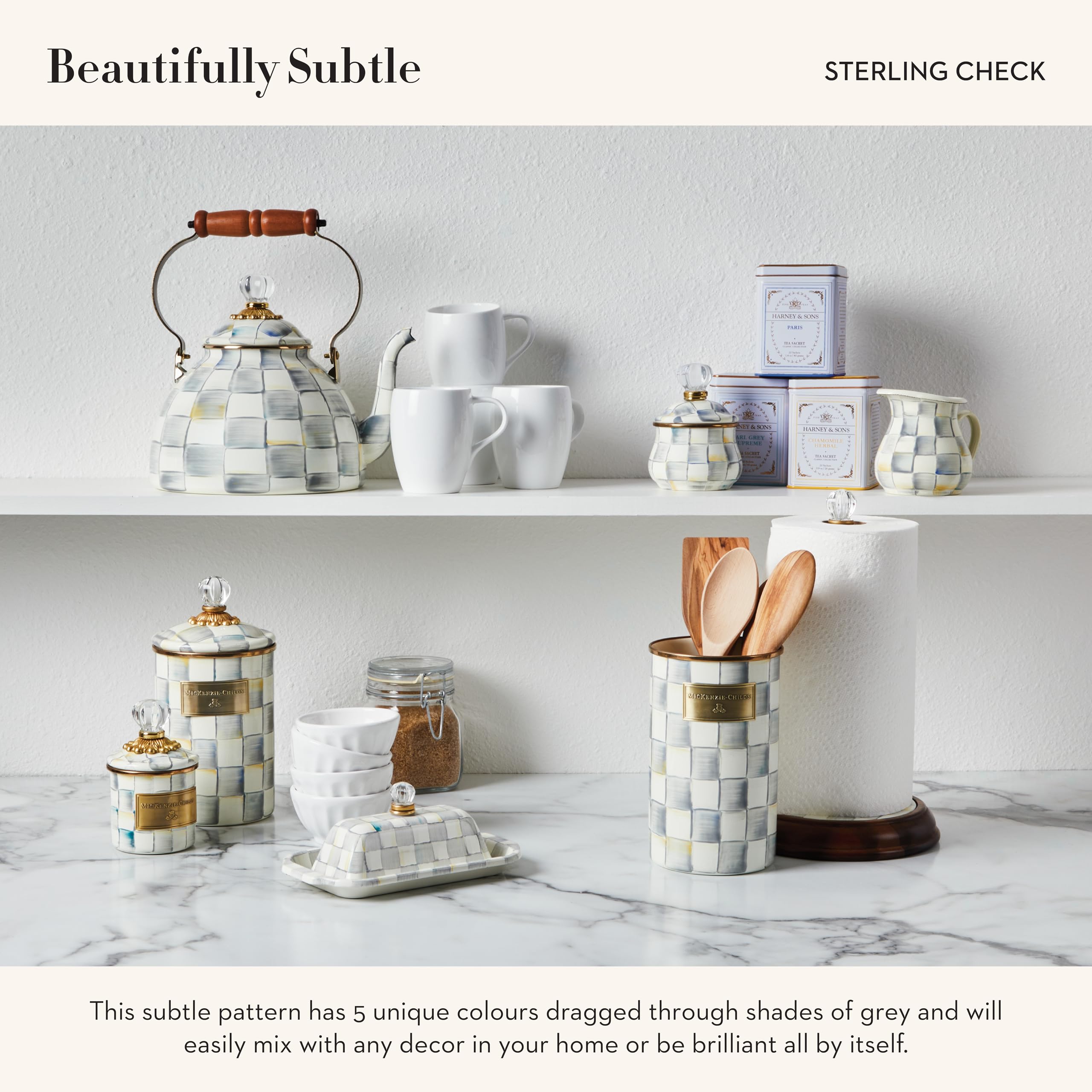 MACKENZIE-CHILDS Sterling Check enamel pattern adds elegant kitchen decor.