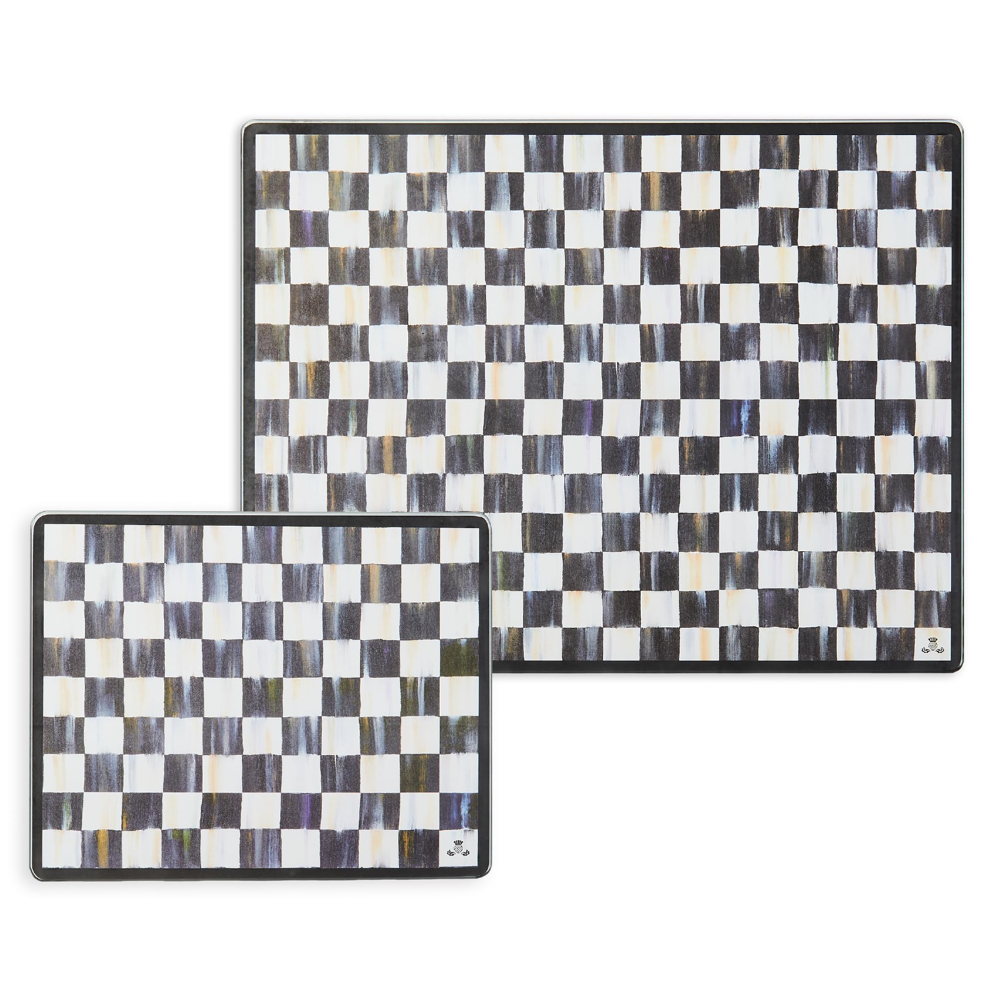 MACKENZIE-CHILDS tempered glass cutting board with Courtly Check, ideal for prep