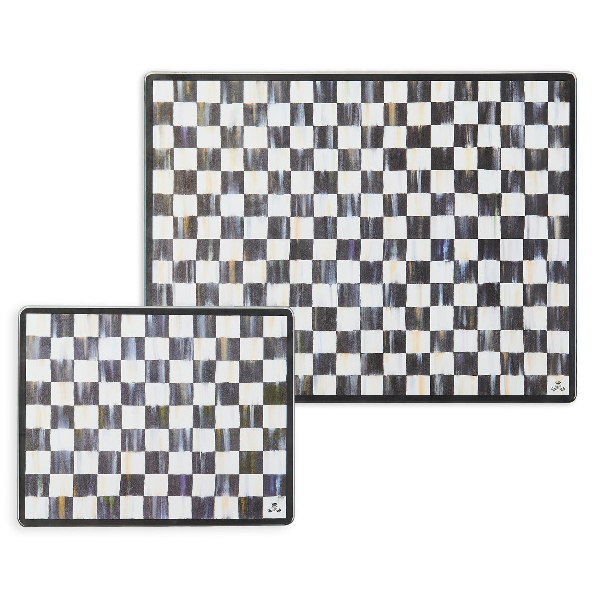 MACKENZIE-CHILDS tempered glass cutting board with Courtly Check, ideal for prep