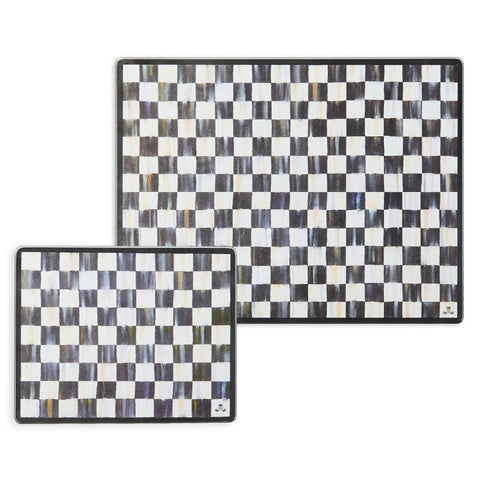 MACKENZIE-CHILDS tempered glass cutting board with Courtly Check, ideal for prep