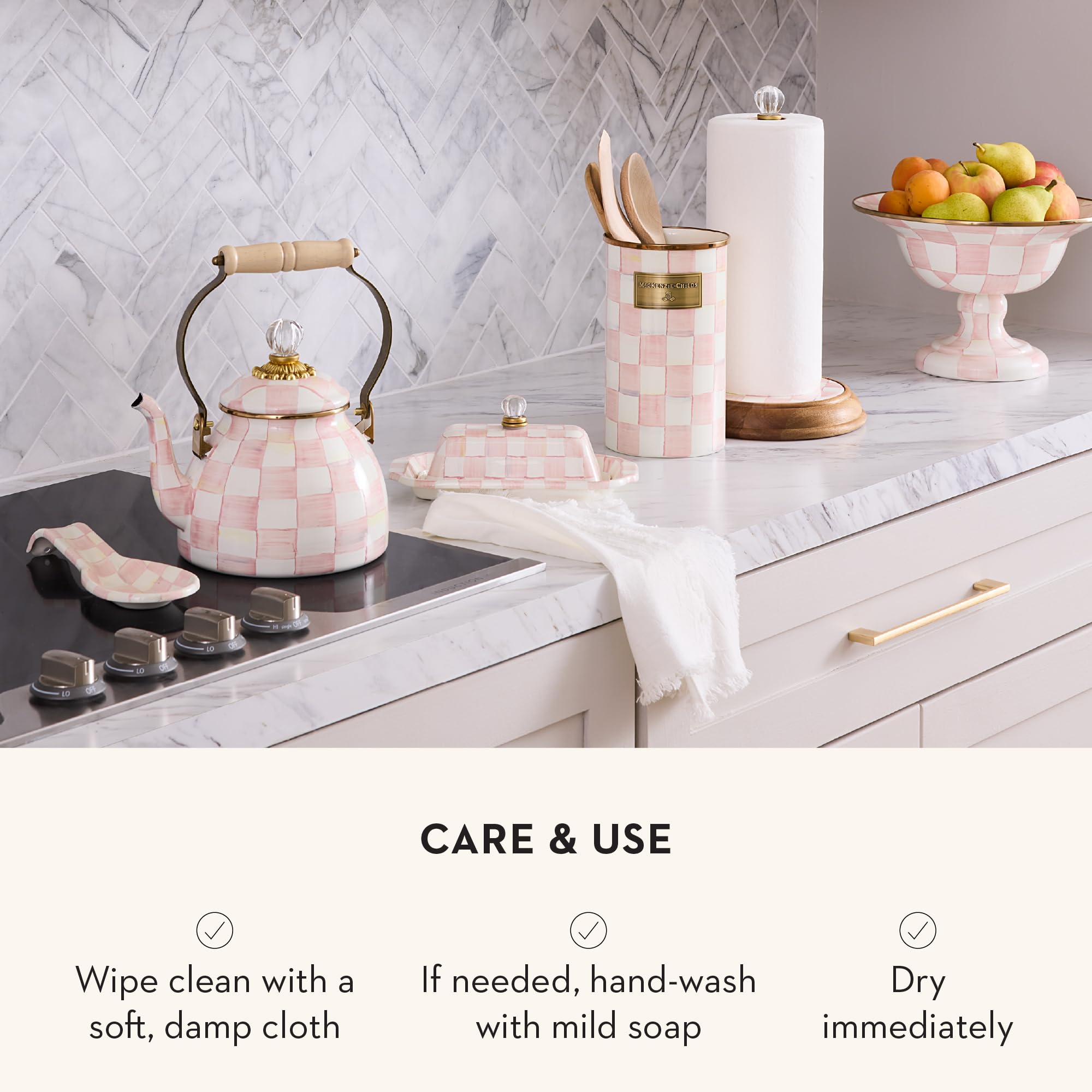 Close-up of MacKenzie-Childs Rosy Check enamel finish for durable storage