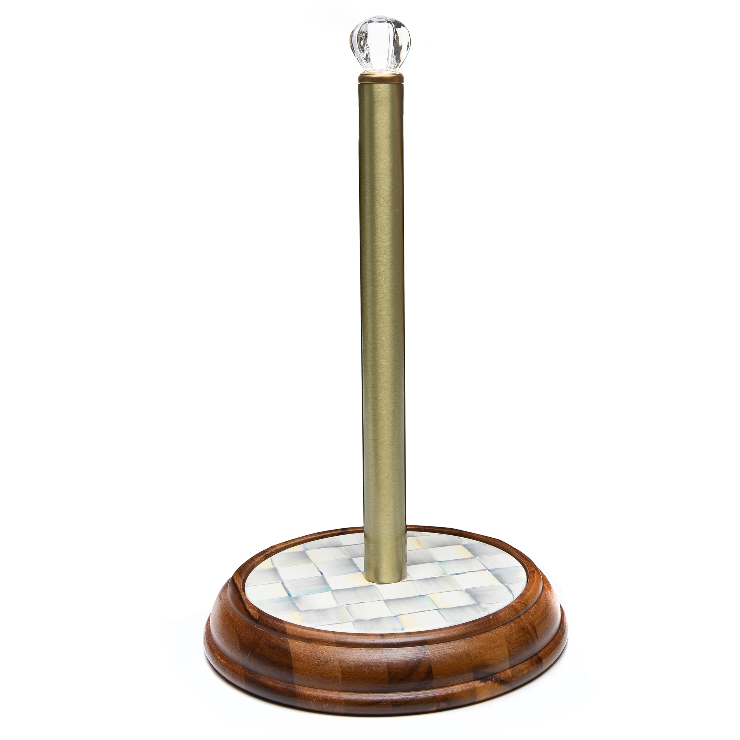 MACKENZIE-CHILDS Wood Paper Towel Holder with acacia base for sturdy countertop use.