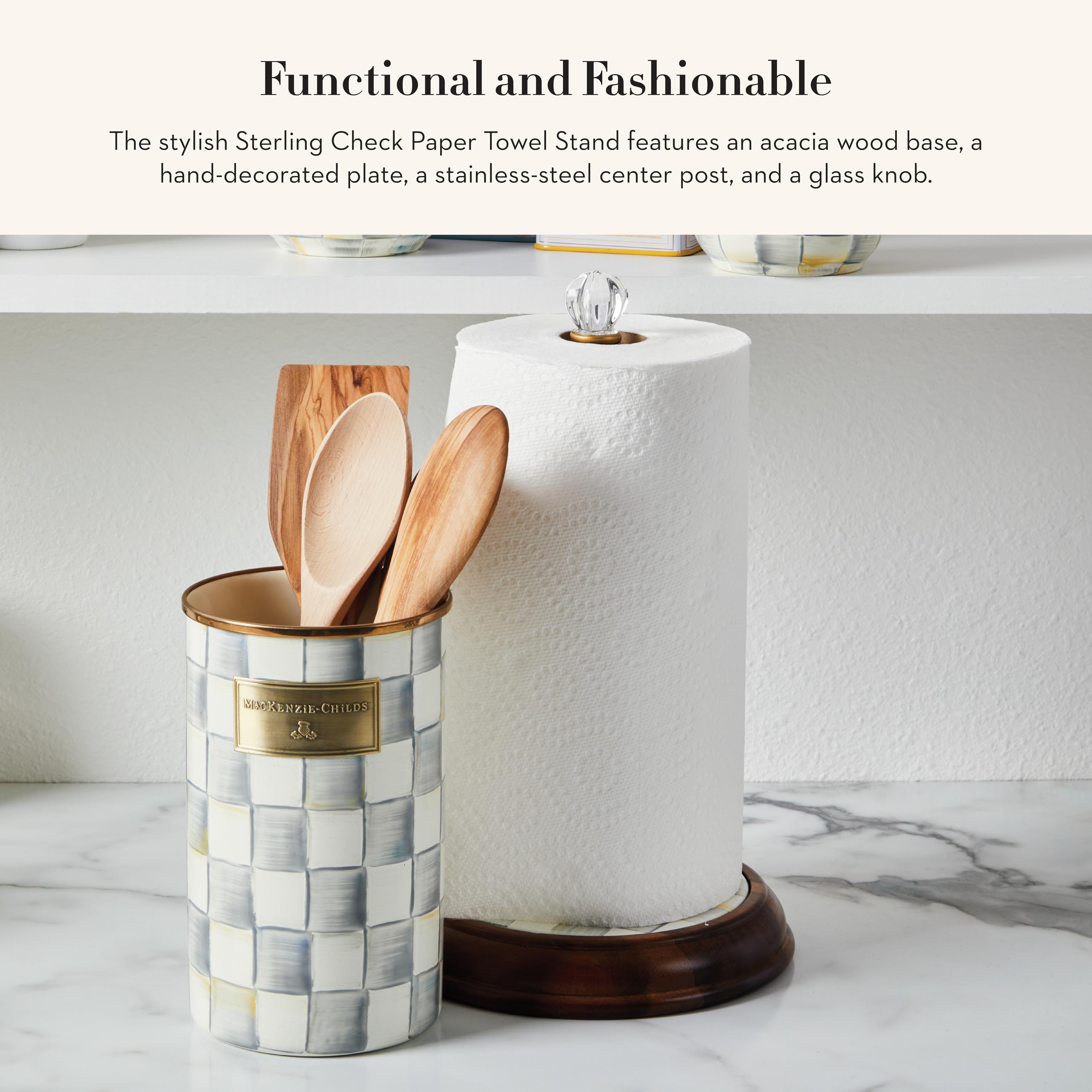 MACKENZIE-CHILDS Paper towel holder featuring a stainless-steel post for smooth rolls.