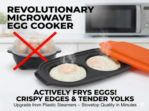 MACONEE egg cooker inside a microwave delivering stove-like results.