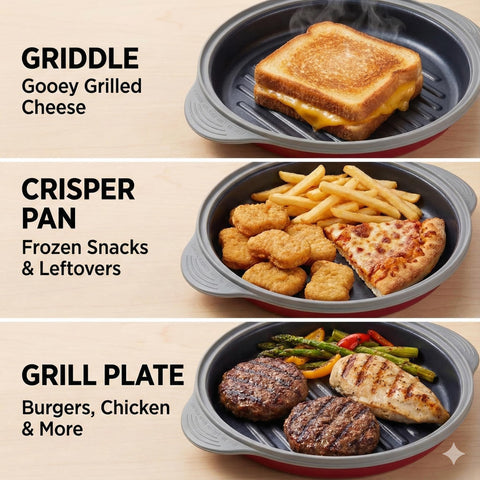 Maconee pan delivers crispy cheese sandwich browning in minutes.