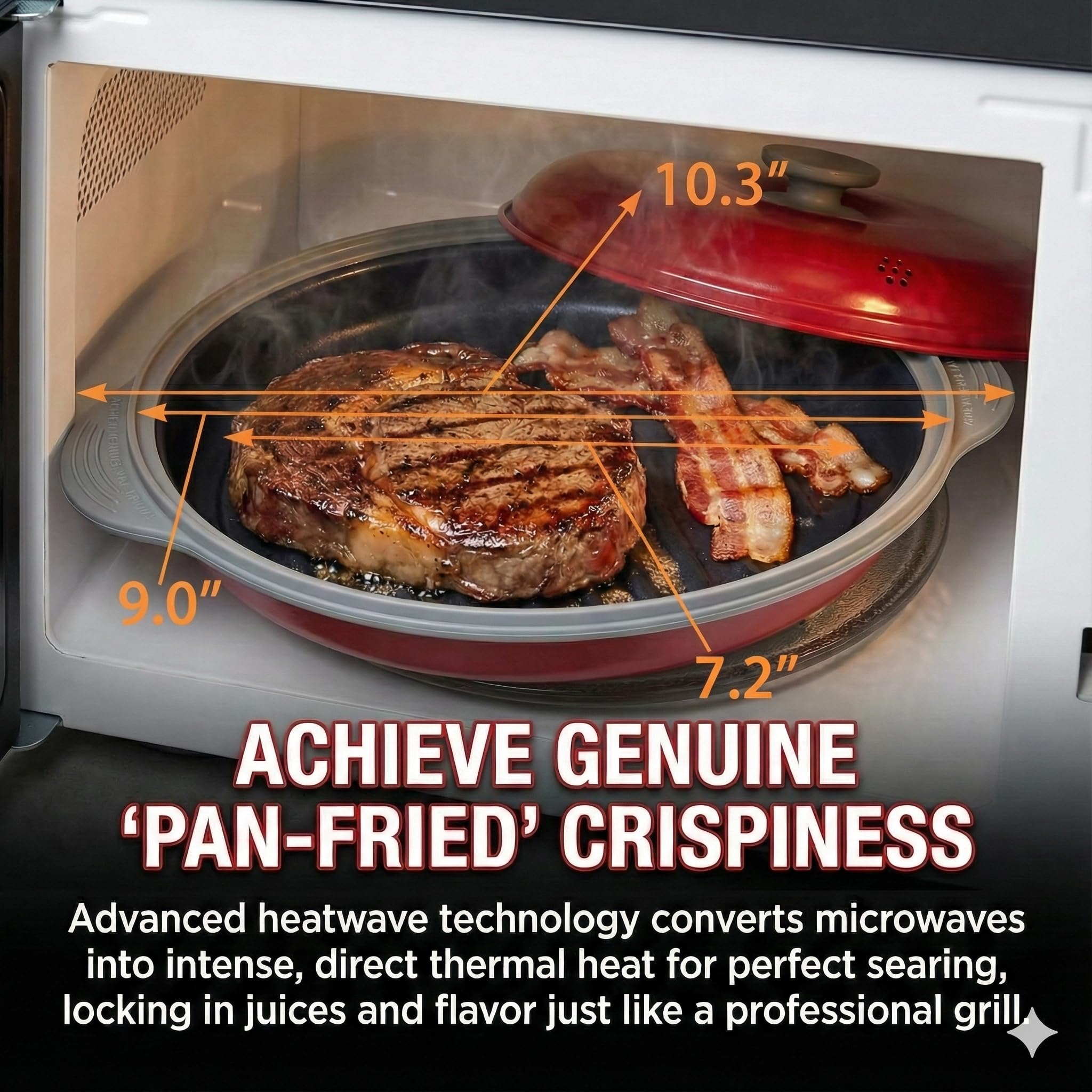 Maconee microwave grill pan cooking steak for juicy grill marks.