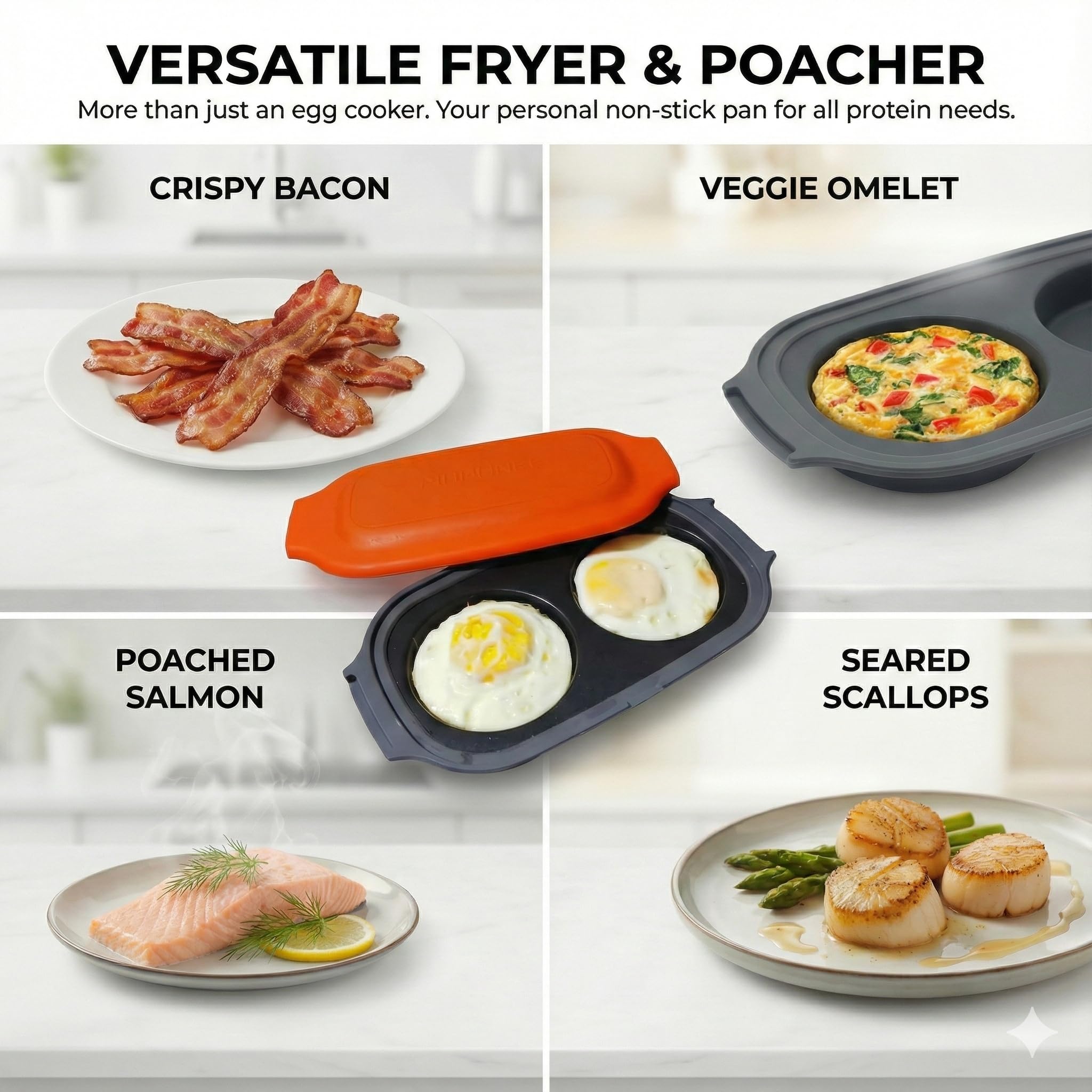 MACONEE poached eggs in the microwave for neat, mess-free results.