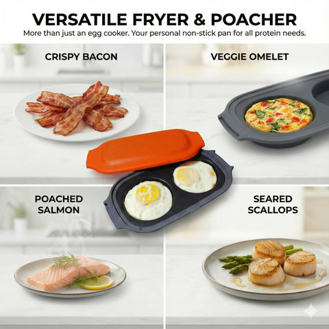 MACONEE poached eggs in the microwave for neat, mess-free results.