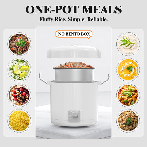 Macook 0.6L cooker yields 1-3 cups cooked rice, perfect for portion control.