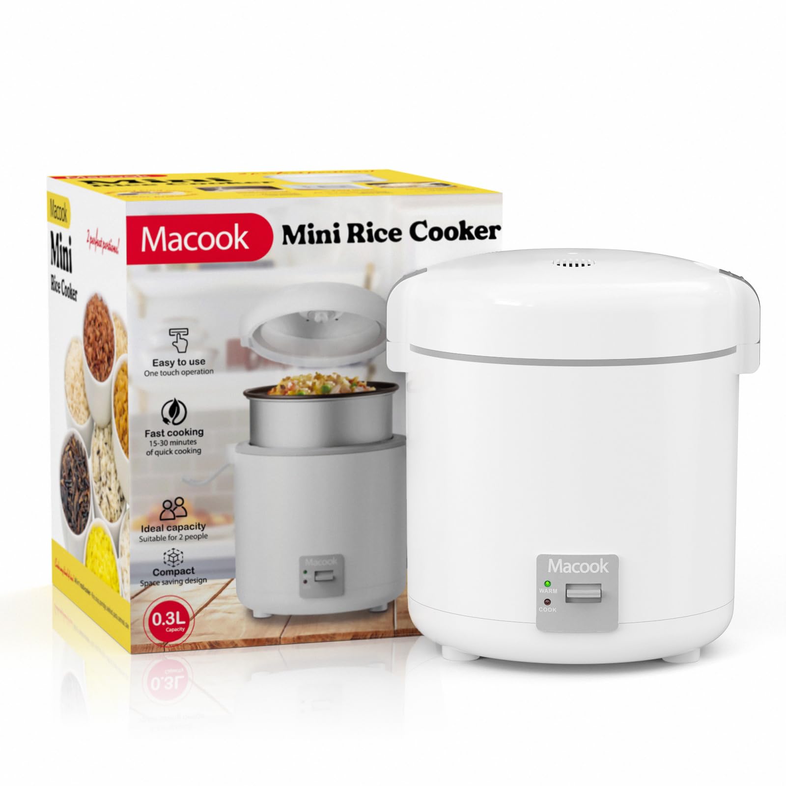 Macook includes measuring cup and spatula for precise portions.