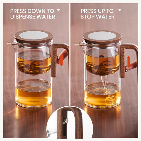 Close-up of MACTANO Enchant Tea Pot filter button enabling easy separation