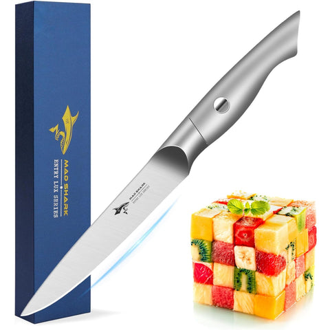 MAD SHARK 5-inch paring knife blade detail showing sharp edge for precise cuts.