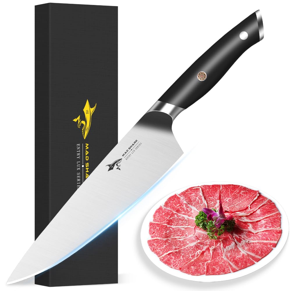 MAD SHARK 8-Inch Chef Knife blade close-up reveals razor-sharp edge for precise slicing.