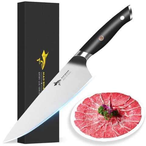 MAD SHARK 8-Inch Chef Knife blade close-up reveals razor-sharp edge for precise slicing.