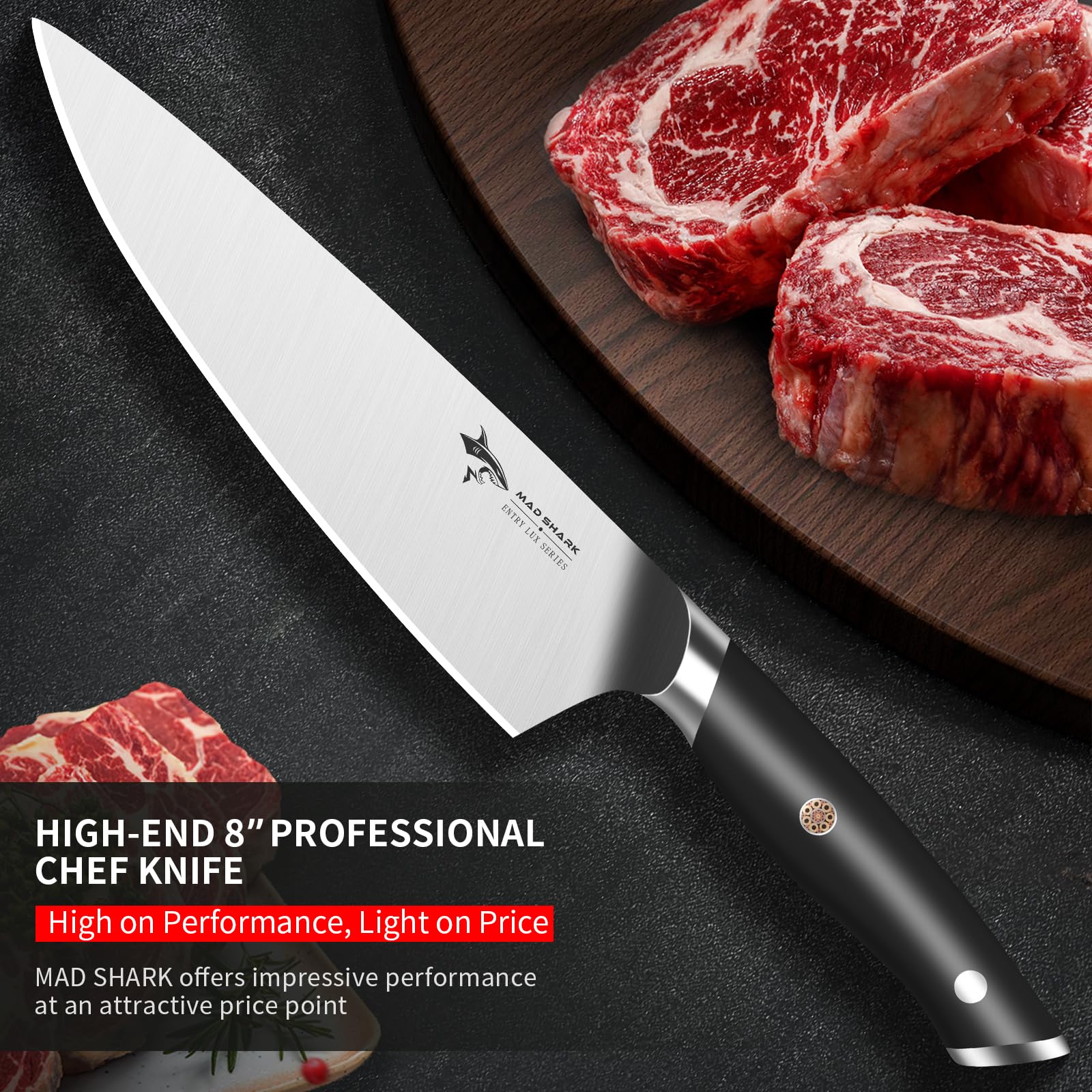 MAD SHARK ergonomic-handle closeup shows full-tang balance for comfortable, slip-free chopping.