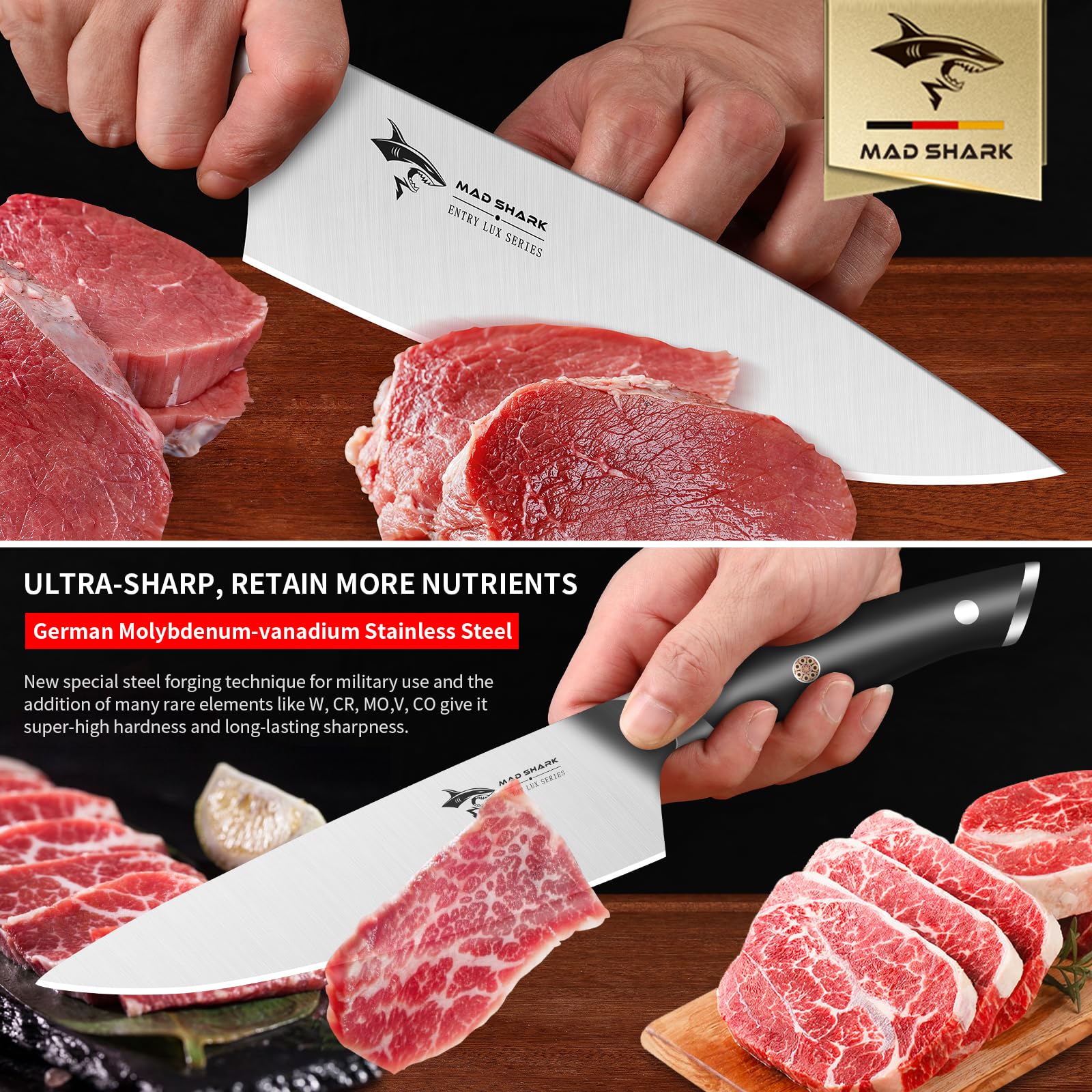 MAD SHARK full-tang construction demonstrated for durable, stable performance during heavy kitchen tasks.