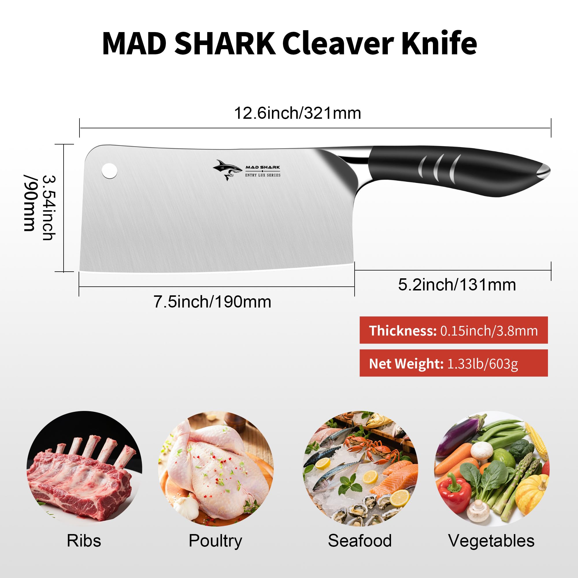 MAD SHARK heavy-duty cleaver in hand demonstrates balanced weight for efficient chopping.
