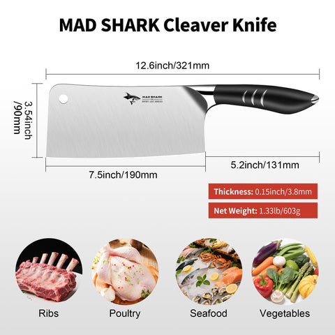 MAD SHARK heavy-duty cleaver in hand demonstrates balanced weight for efficient chopping.