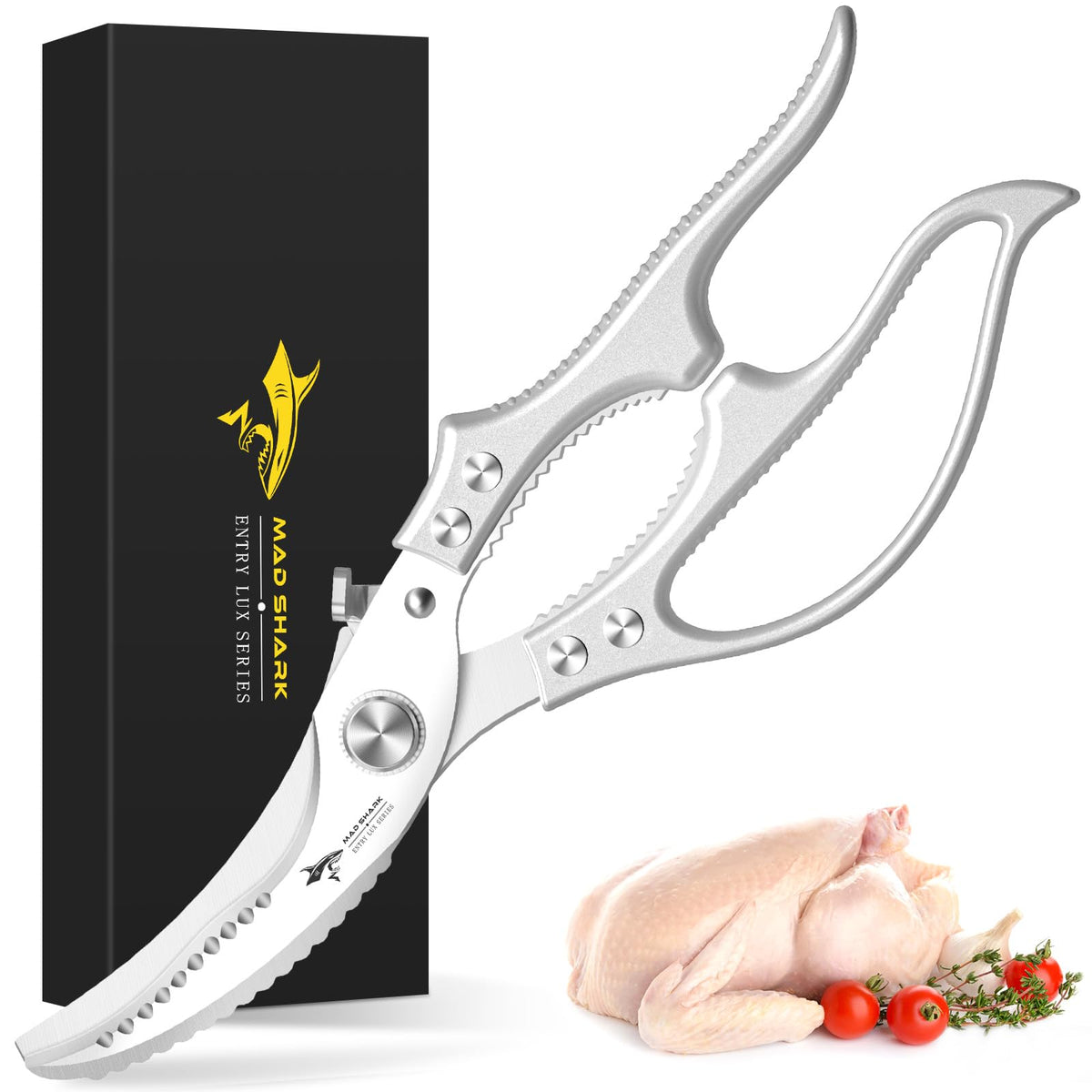 MAD SHARK heavy-duty poultry shears blade close-up for effortless bone cutting.
