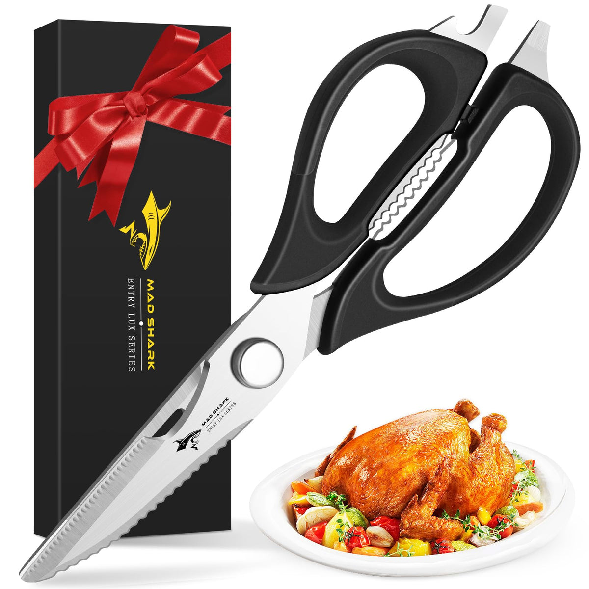 MAD SHARK kitchen scissors come apart for easy cleanup and safe storage.
