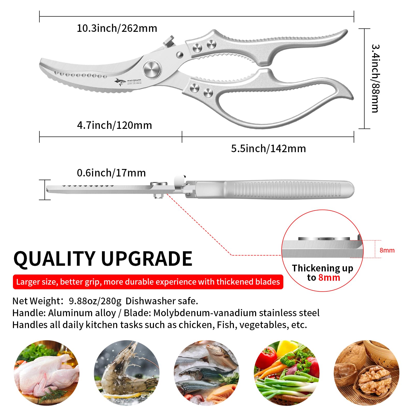 MAD SHARK kitchen shears non-slip handle for precise, comfortable cutting.