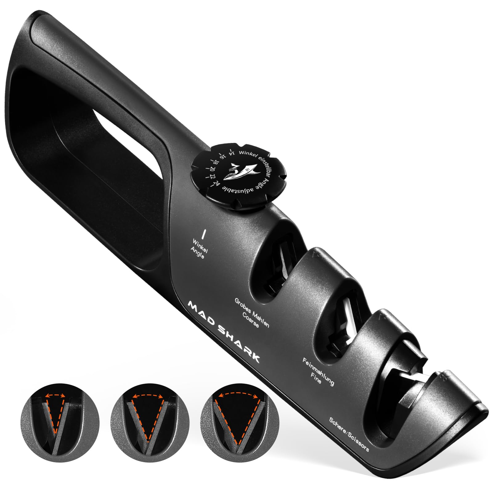 MAD SHARK knife sharpener with angle dial demonstrates six precise sharpening angles for versatile edge control.