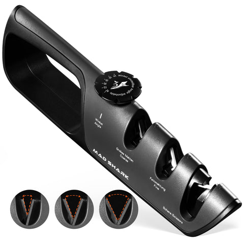 MAD SHARK knife sharpener with angle dial demonstrates six precise sharpening angles for versatile edge control.
