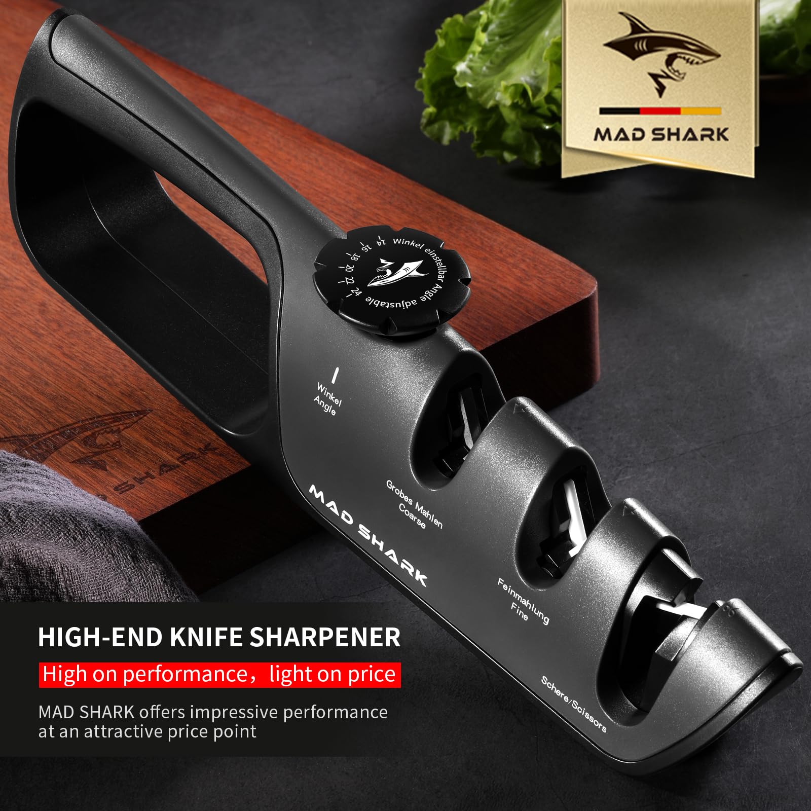 MAD SHARK knife sharpener anti-slip base anchors the unit firmly to the counter.