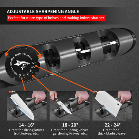 MAD SHARK knife sharpener coarse slot restores dull blades quickly with material removal power.