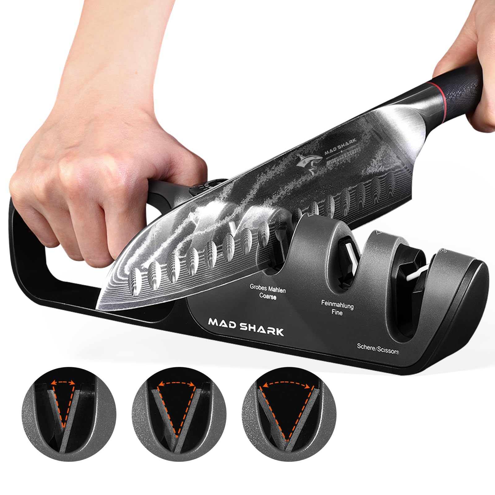 MAD SHARK knife sharpener compact design fits easily in drawers and bags for travel.