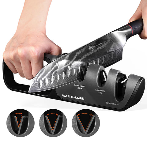 MAD SHARK knife sharpener compact design fits easily in drawers and bags for travel.